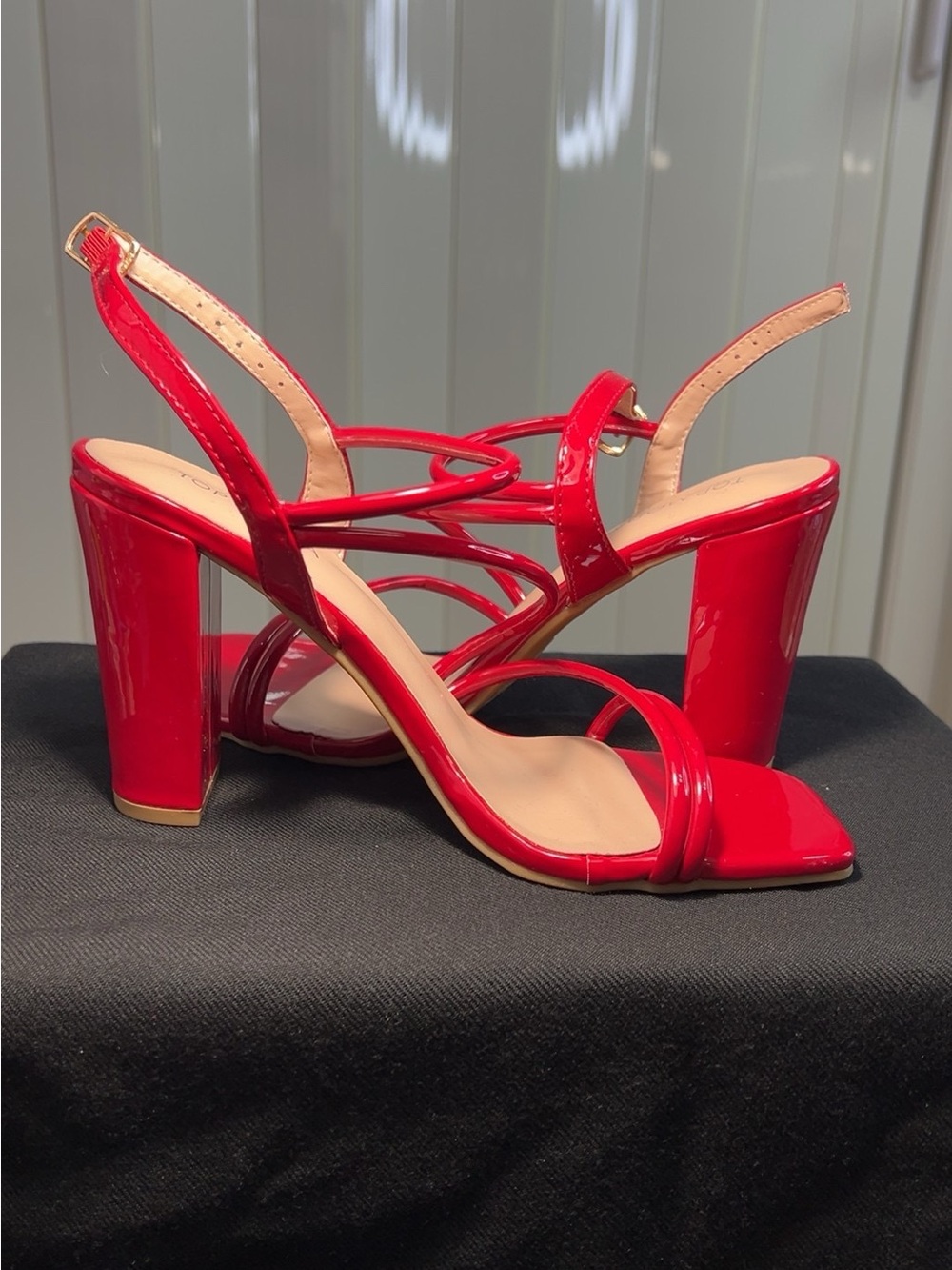 TOP Moda Red Patent Strappy Block Heel Sandals